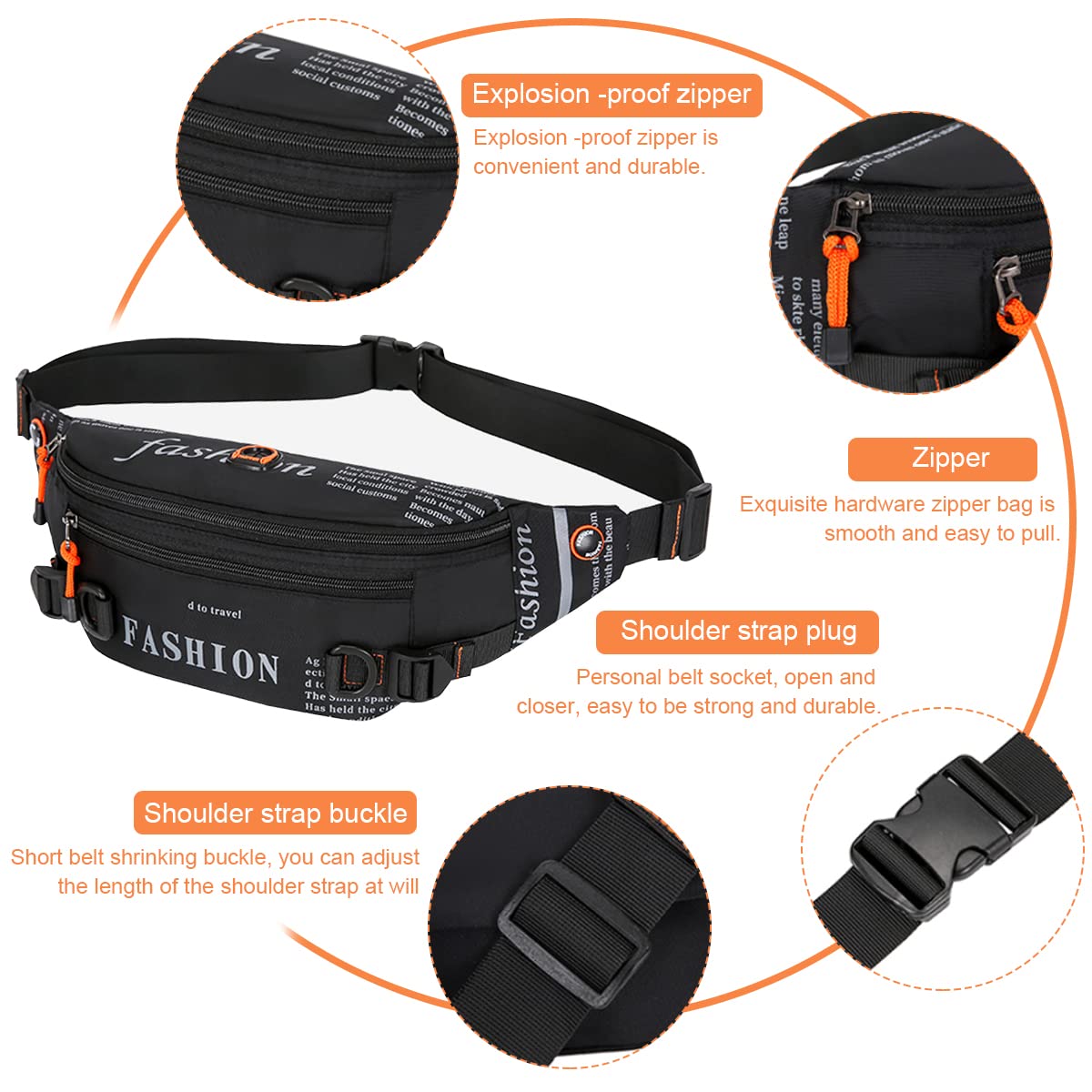 GUSTAVE Waist Bag for Men with 3 Zippered Pockets and Adjustable Belt | Waterproof PVC 31×4×13 cm Crossbody for Travel and Sports