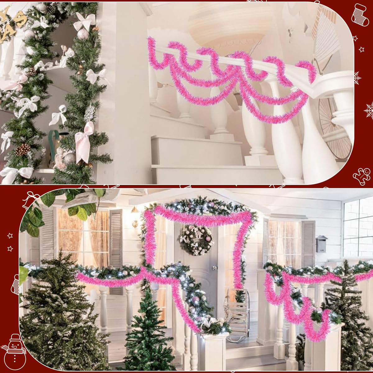 HASTHIP Pink Christmas Tinsel Garland for Trees and Parties featuring Shiny Metallic Fringe 16.4ft