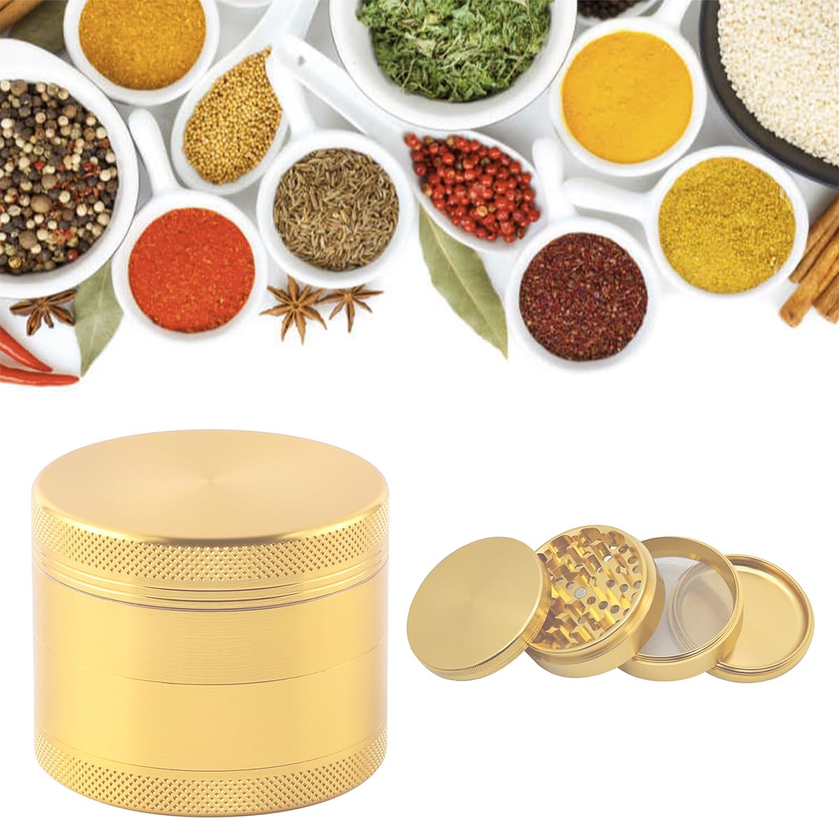 Supvox® Herb Grinder Spice Mill 1.96'' Metal Grinder with Precision Teeth Minimalism Brushed Golden Zinc Alloy Kitchen Grinder for Herbs & Spices