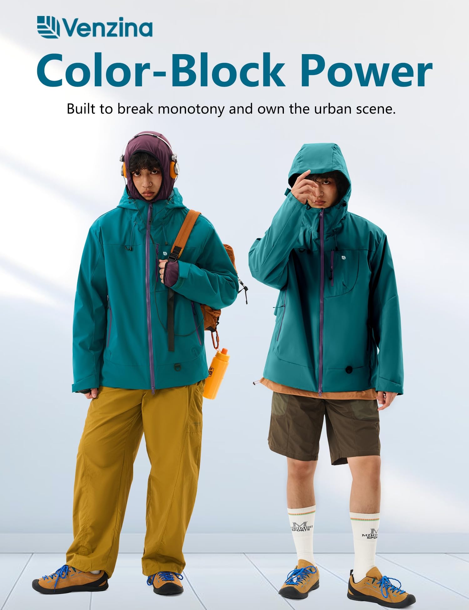 Venzina Men's Waterproof Rain Jacket for Urban Outdoor with Color Block Design | Breathable Windbreaker in Peacock Blue