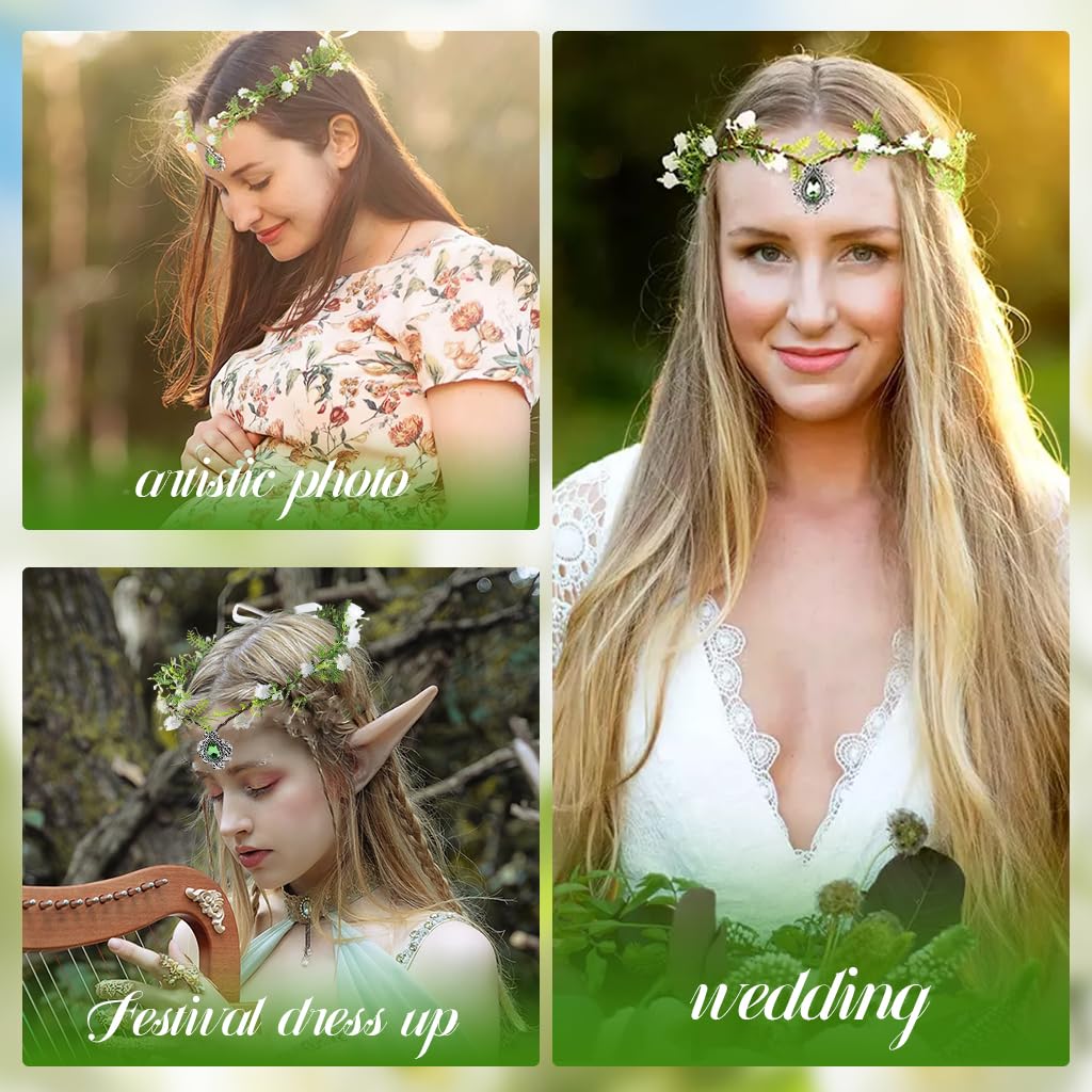 SANNIDHI Flower Crown for Girls featuring Green Branch Design with White Ribbons | Fairy Princess Headband for Weddings and Parties