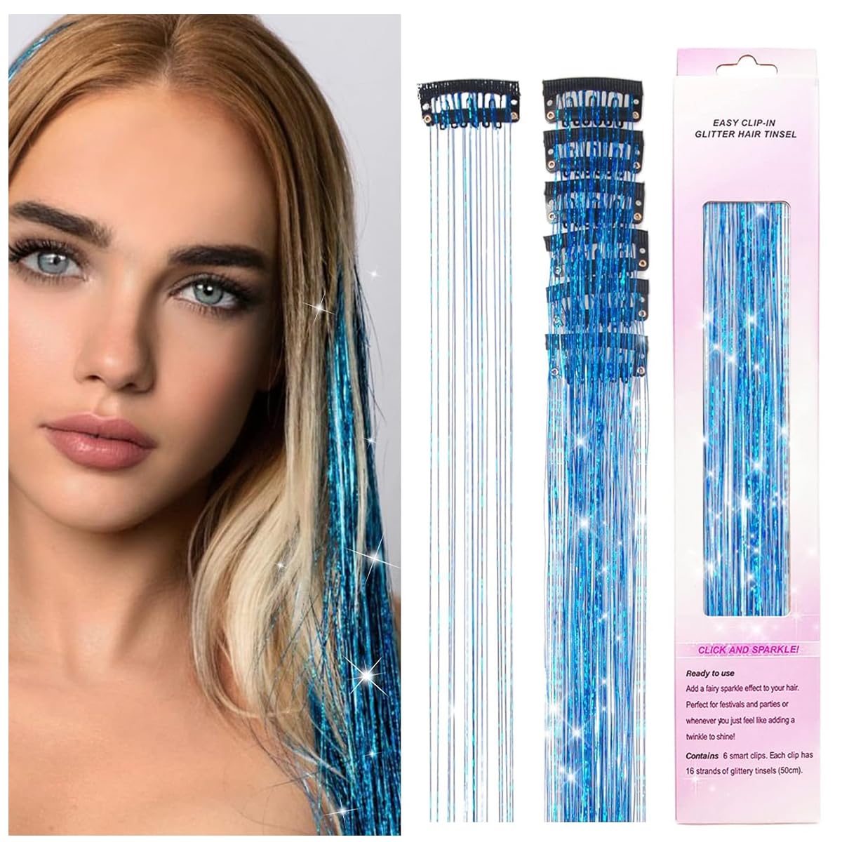 MAYCREATE® Tinsel Hair Extensions Glitter Hair Tinsel Kit, Sparkling Fairy Styling Hair Tinsel Extensions with Tools (47 Inch, 12 Colors, 2400 Strands)