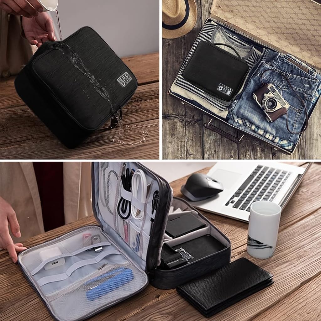 Zibuyu Travel Cable Organizer Bag for Electronics with 3 Layer Layout and Adjustable Dividers | Water Resistant Black