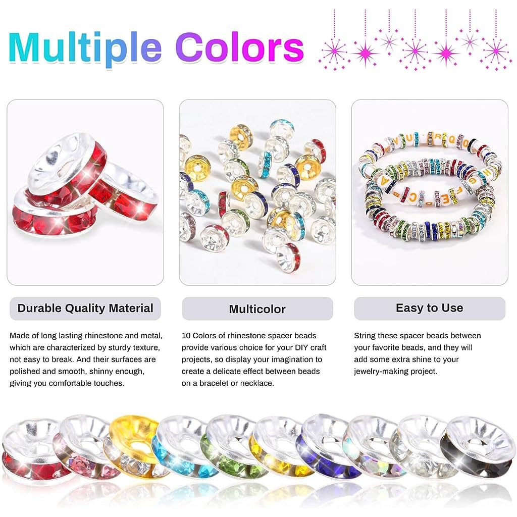 Venzina Crystal Spacer Beads for Jewelry Making with 600pcs 8mm Rhinestone Rondelles | 10 Colors for DIY Bracelets and Crafts
