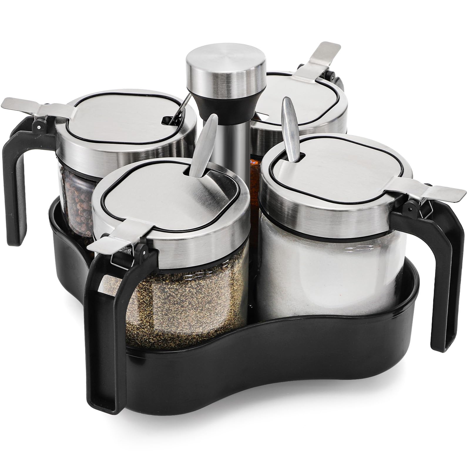 Supvox® Rotating Spice Rack Organizer with 4 Pack Refillable Spice Jars and Spoons for Salt, Sugar, Pepper Condiment, Herbs