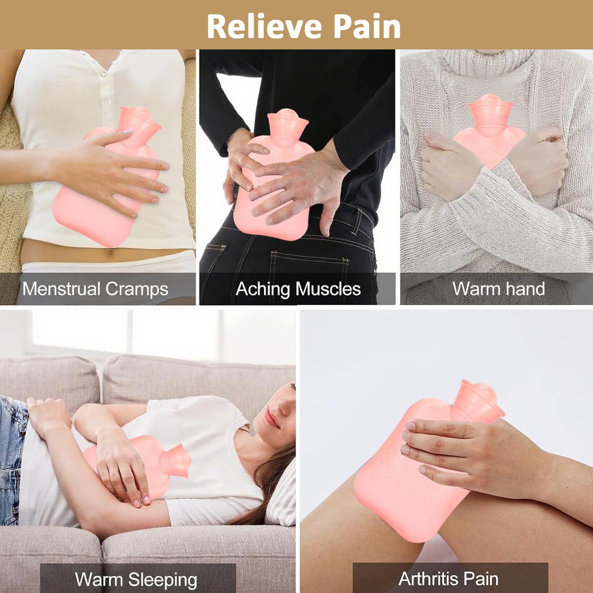 HANNEA Hot Water Bottle for Cramps and Pain Relief with Anti Leak Stopper and Soft Cover | Brown