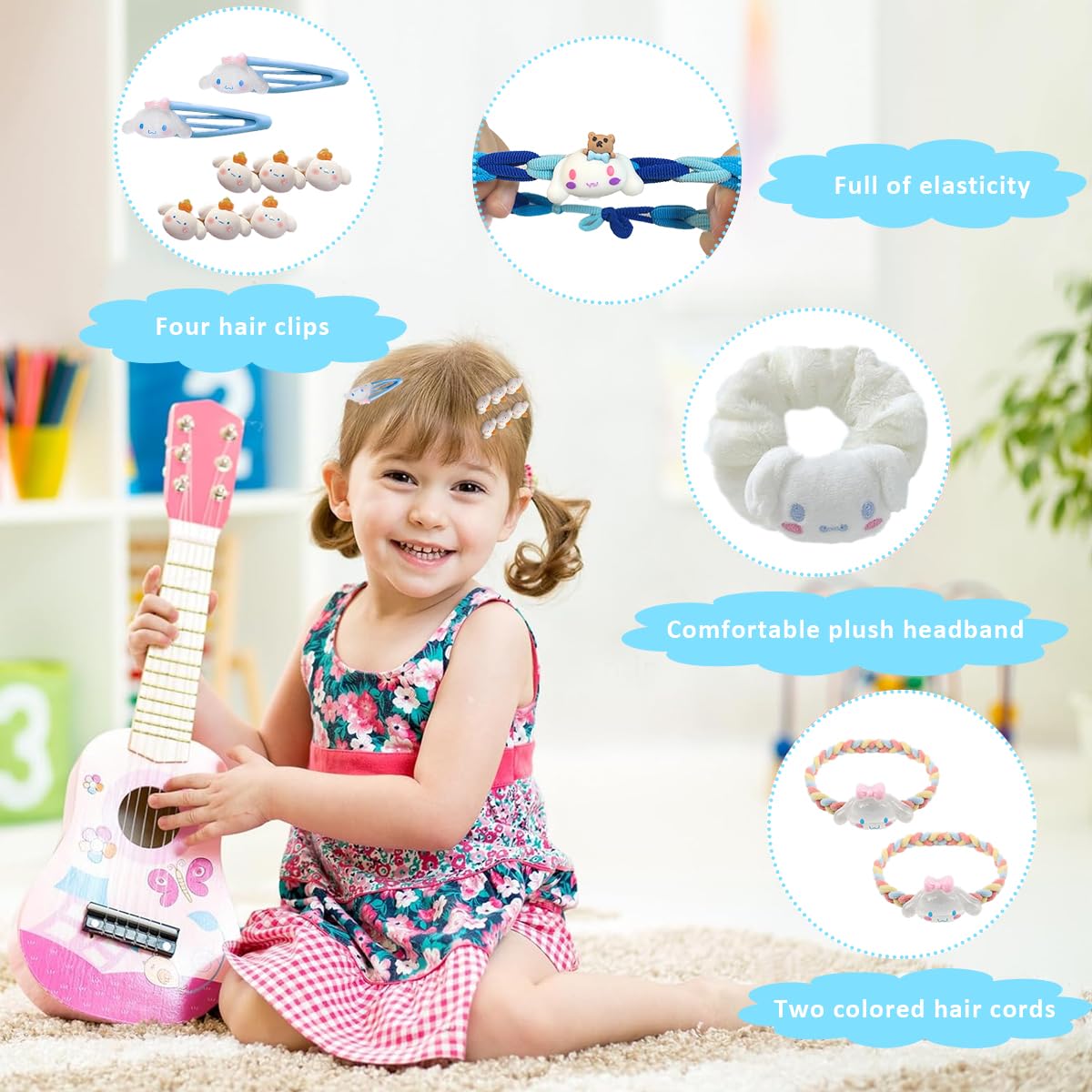PATPAT Girls Cinnamoroll Accessories Set Fashion Cinnamoroll Wardrobe Accessories Gift Set of 10Pcs Cinnamoroll Girls Headband Woven Rope Hair Tie Hair Clips Plush Hair Scrunchie Finger Rings