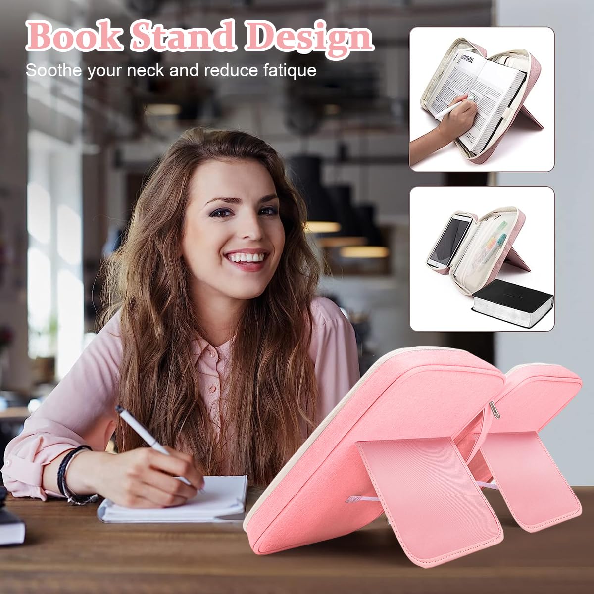 Climberty Leather Bible Cover for Women featuring Folding Stand and Multi Pockets 28x22x6cm Pink