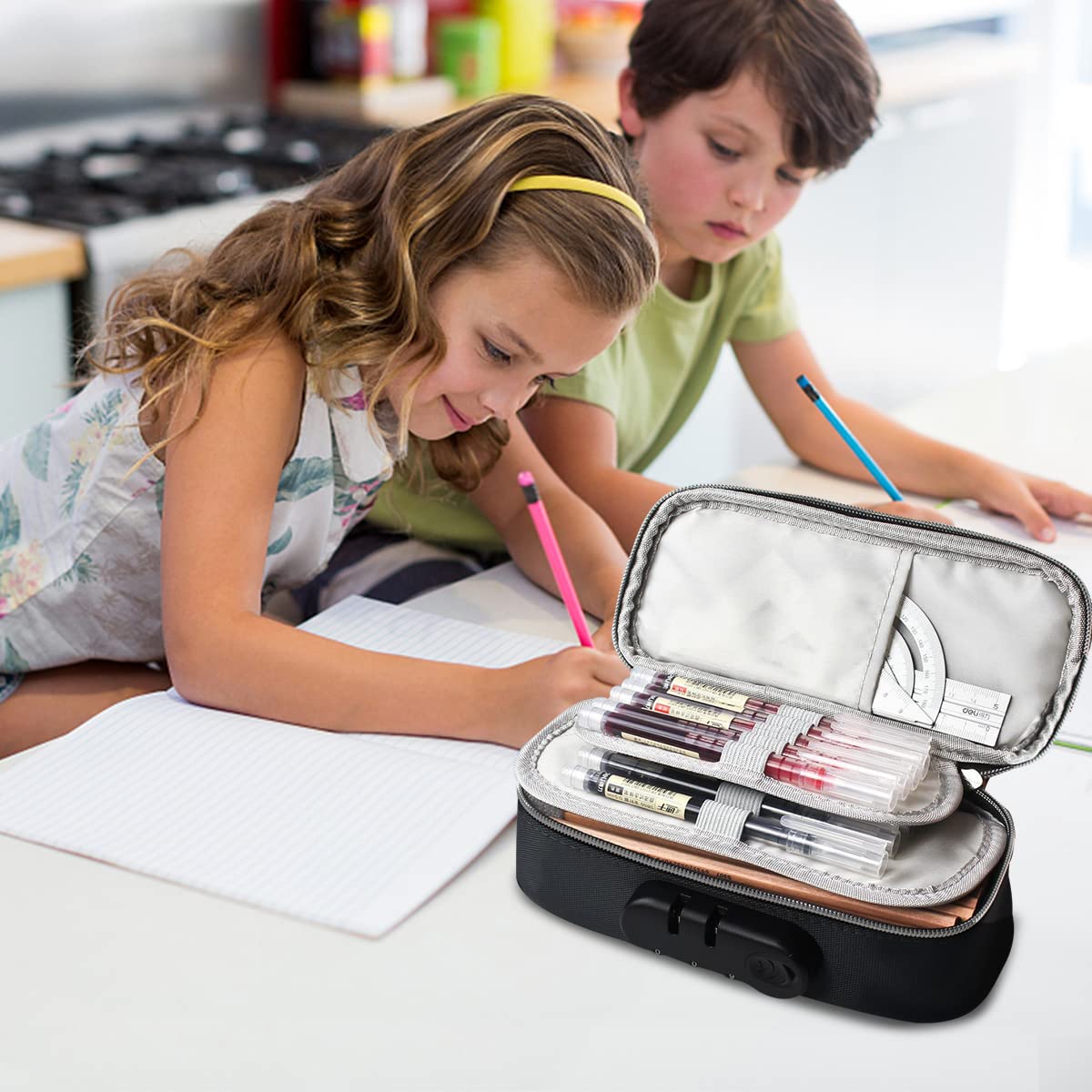HASTHIP Canvas Pencil Case for School with 4 Layer Compartments and Combination Lock | Black 2PCS