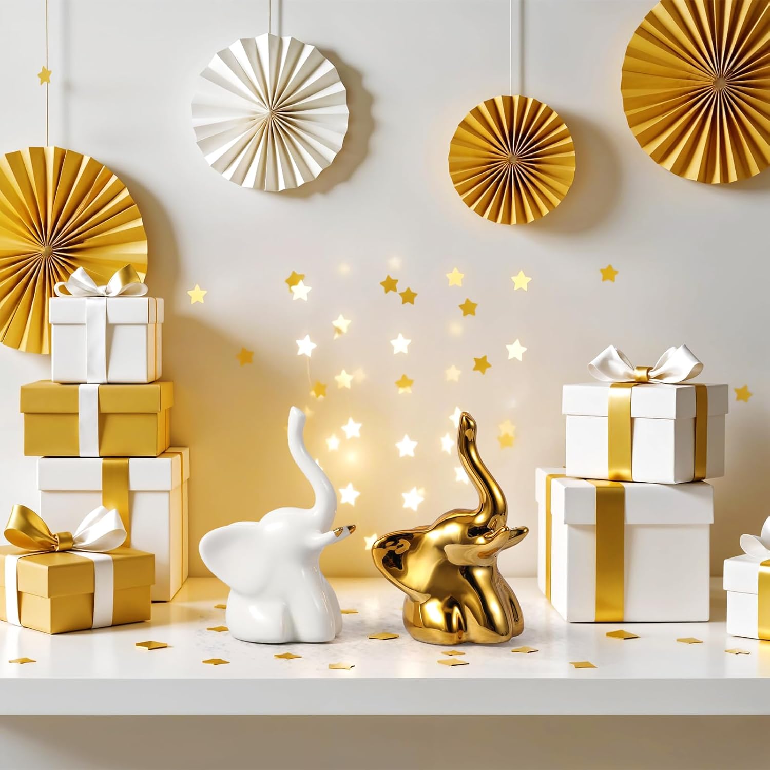 ZIBUYU® 2Pcs Little Elephant Desk Decor Sleek Ceramic Aesthetic Little Elephant Ring Holder Home Gift Jewelry Accessories Car Charm, 6x9.5cm, Golden & White