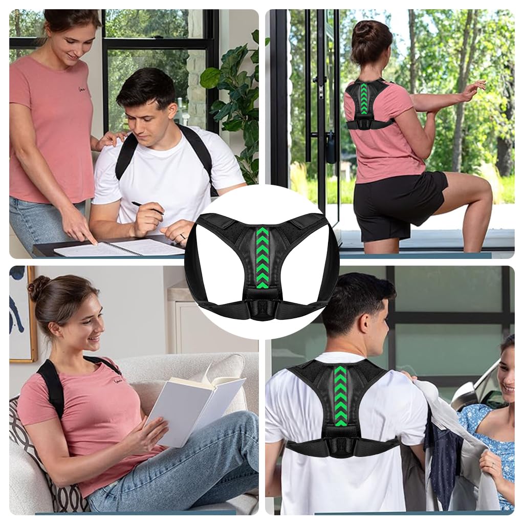 HANNEA Posture Corrector for Men and Women with Hook and Loop Straps, 27–36 in Fit | Breathable Black Green Arrow Back Support Belt