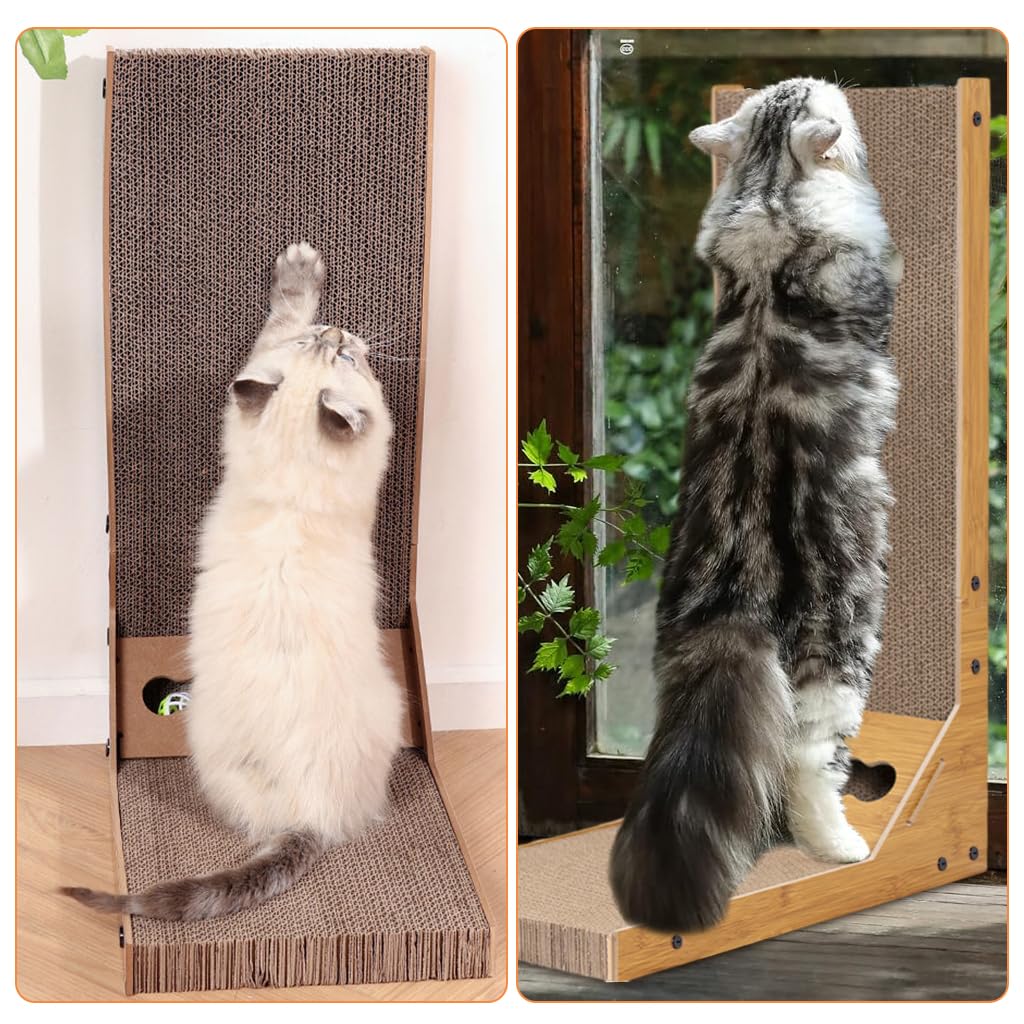 Qpets Cat Scratcher for Furniture Protection featuring 26.8 in L Shape Board with Toy Ball | Cardboard Claw Care Toy