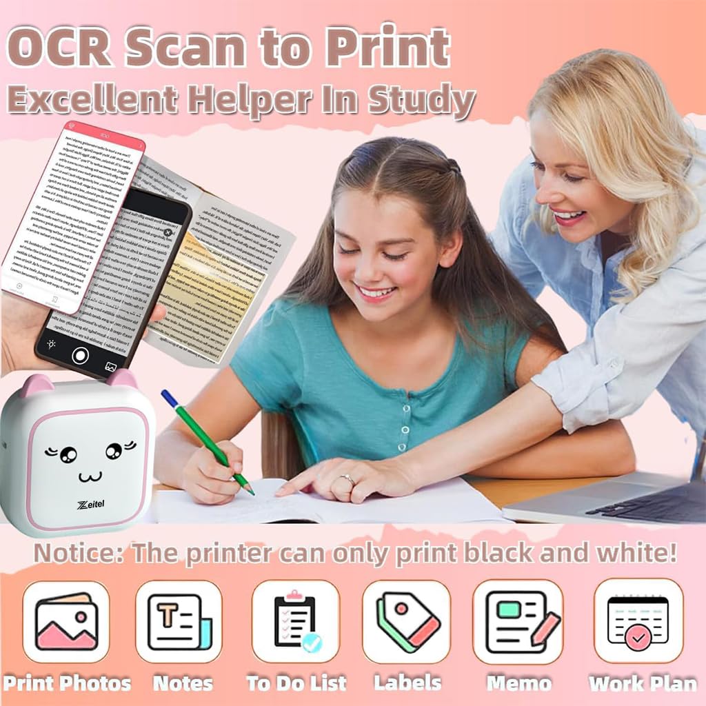 ZEITEL Portable Thermal Mini Printer for Mobile and Home Use with 200DPI Printing | Bluetooth Inkless Design for Students and Journaling