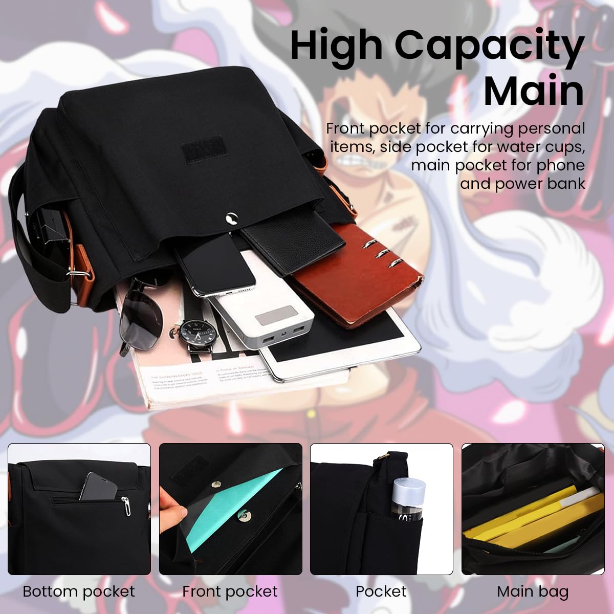 Fancyku One Piece Anime Sling Bag with Anti-Loss Rope and Multi-Pocket 33x13x26cm Canvas for Men & Women