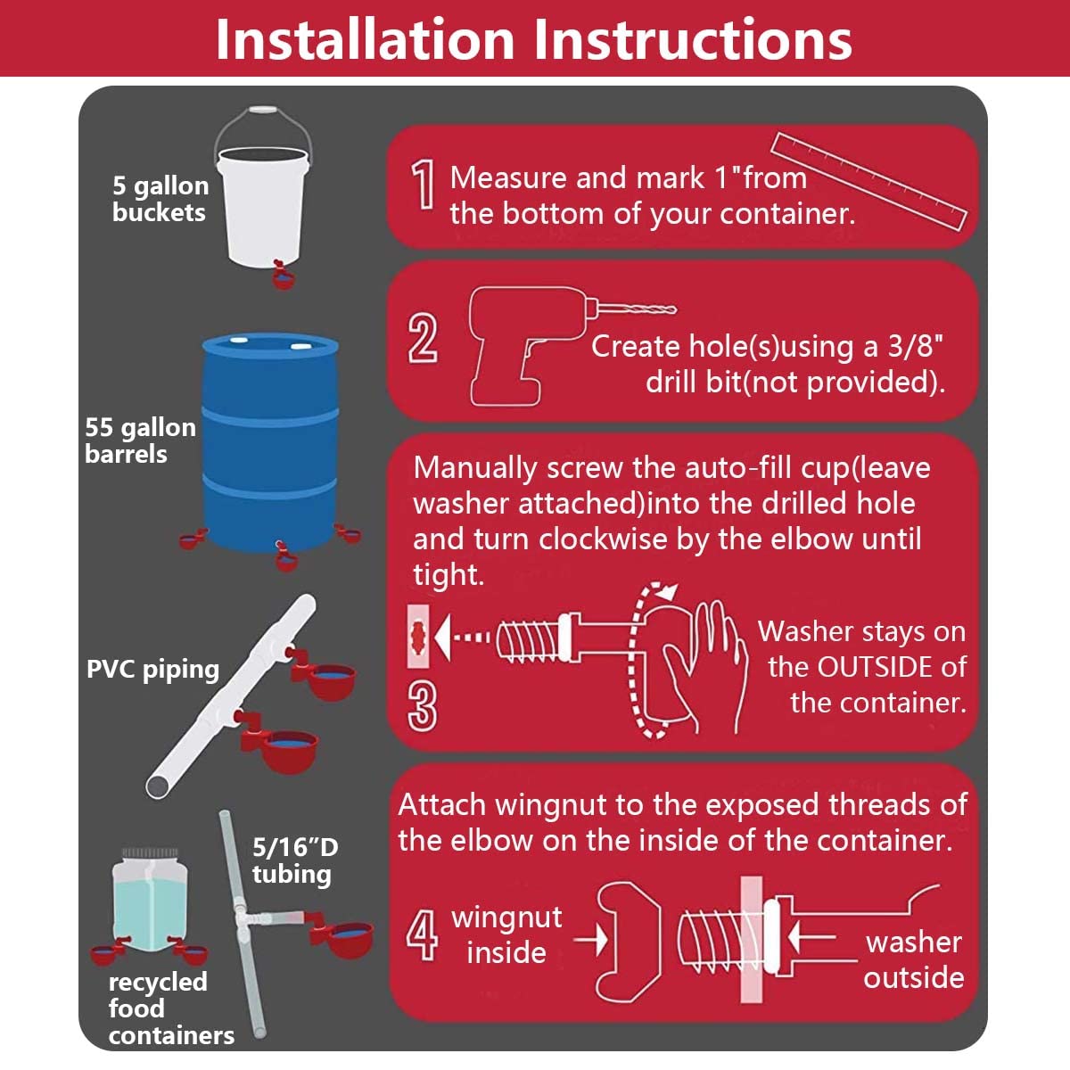 HASTHIP Chicken Feeder Cup Set for Poultry with Auto Refill System 6 Pcs | Plastic Water Cups