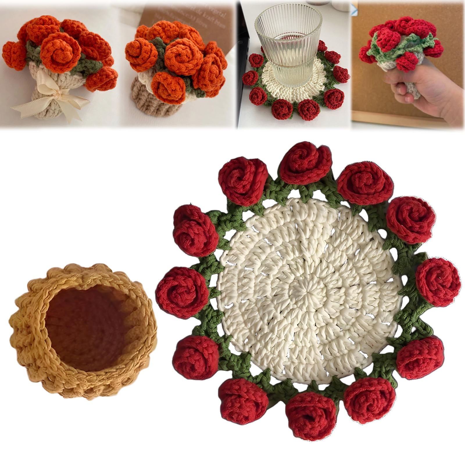 PATPAT® DIY Rose Crochet Coaster Art Craft Kit, Romantic Rose Flower Crochet Cup Coaster Mini Flower Pot Desk Decor, with Crochet Needle, Color Yarn, Tutorial Guide, DIY Crochet Handmade Gift