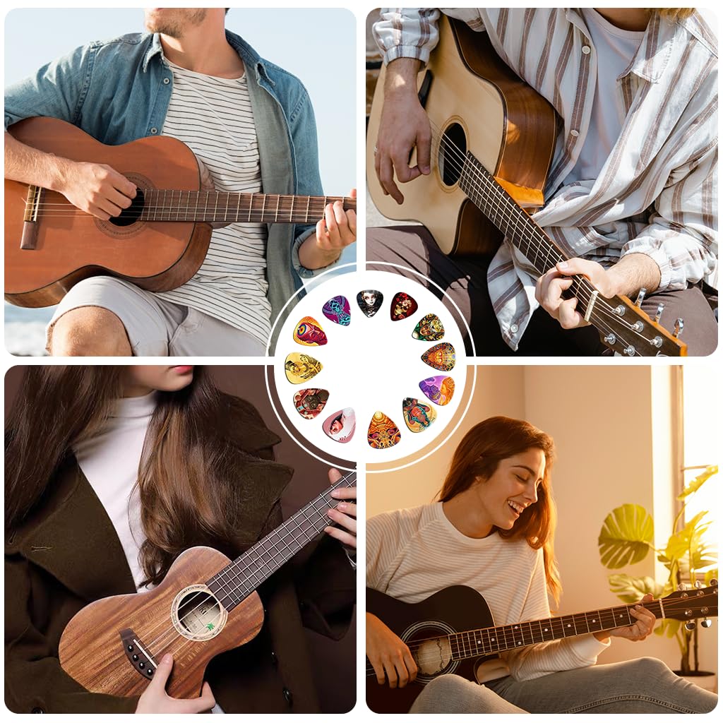 ZIBUYU Guitar Picks for Acoustic Electric and Bass with 12 Rock Designs PVC Set 0.46–1mm