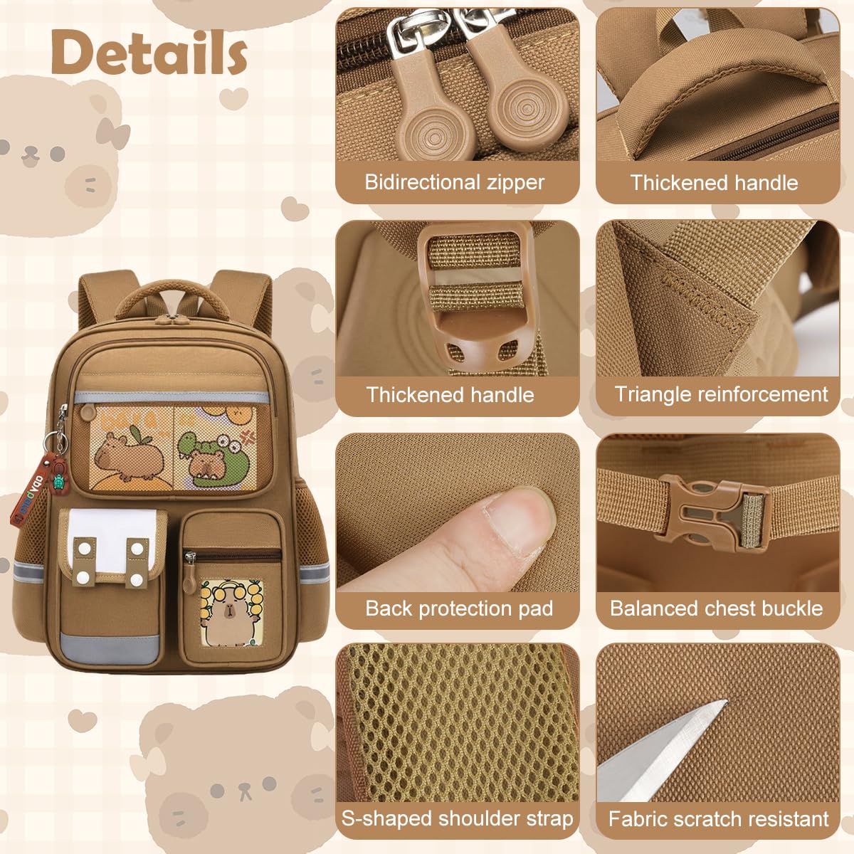 Climberty Capybara Backpack for Girls with 6 Badges and Post Cards featuring Ergonomic Support | Multi Compartment Kawaii School Bag