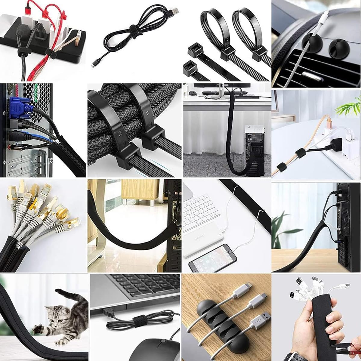 HASTHIP Cable Organizer Kit for Home and Office with 147pcs Accessories | Includes 34 Self Adhesive Clips and 2 Cable Sleeves