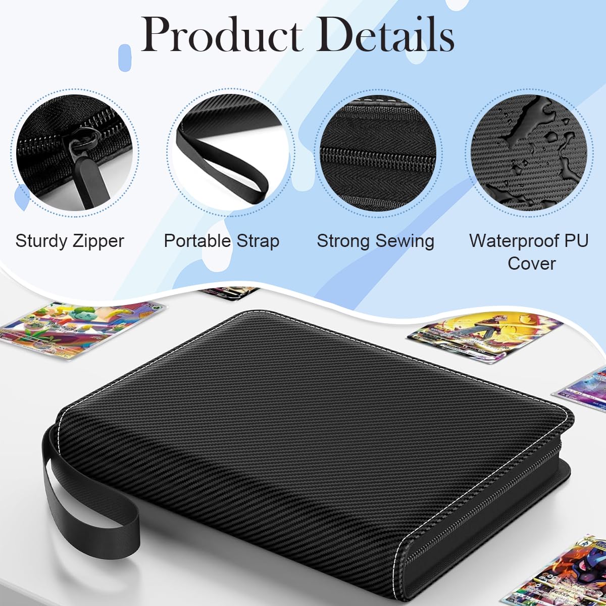 PATPAT Trading Card Binder for 400 Cards with Zipper Closure and PU Waterproof Cover | Black Kids Organizer