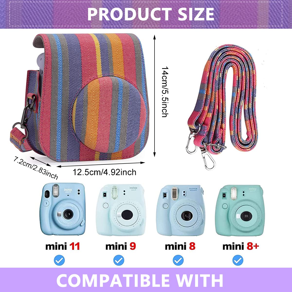 ZORBES Instax Mini 11 Case Cover, Protective Camera Case for Fujifilm Instax Mini 11, Color Striped Easy Install Bag with Removable Shoulder Strap & Top Cover for Intex Camera Mini 11 Mini 8 Mini 9