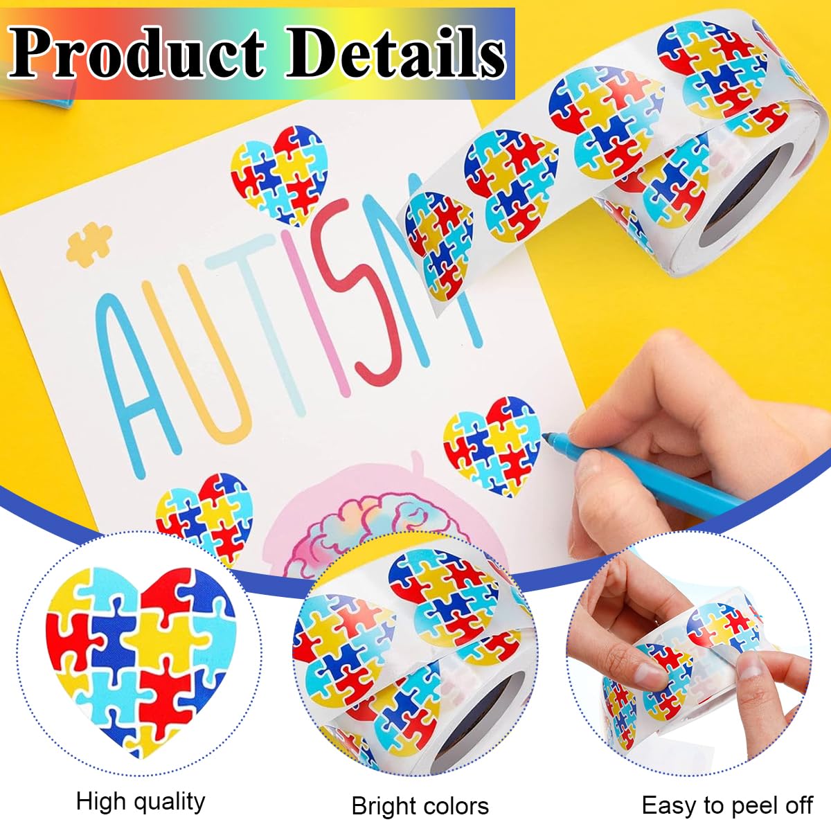 HASTHIP® 500Pcs Heart-Shaped Autism Stickers - Colorful Puzzle Self-Adhesive Labels for Events, Gifts & Packaging, Envelope Tab Sealer Autism Awareness Gifts for Women Men Kids Teen