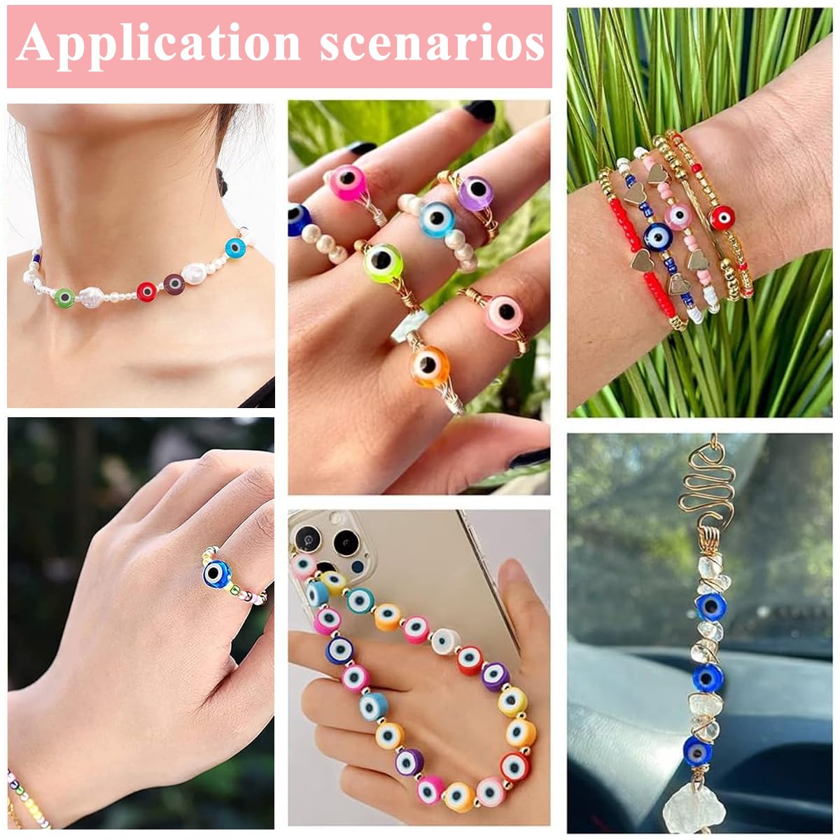 SANNIDHI® 200pcs Evil Eye Beads Kit 8mm 10 Colors Resin Evil Eye Bracelet Making Beads for Jewellery Making Necklace Keyring Charms DIY with Scissors, Elastic Strings Set for Kids Women