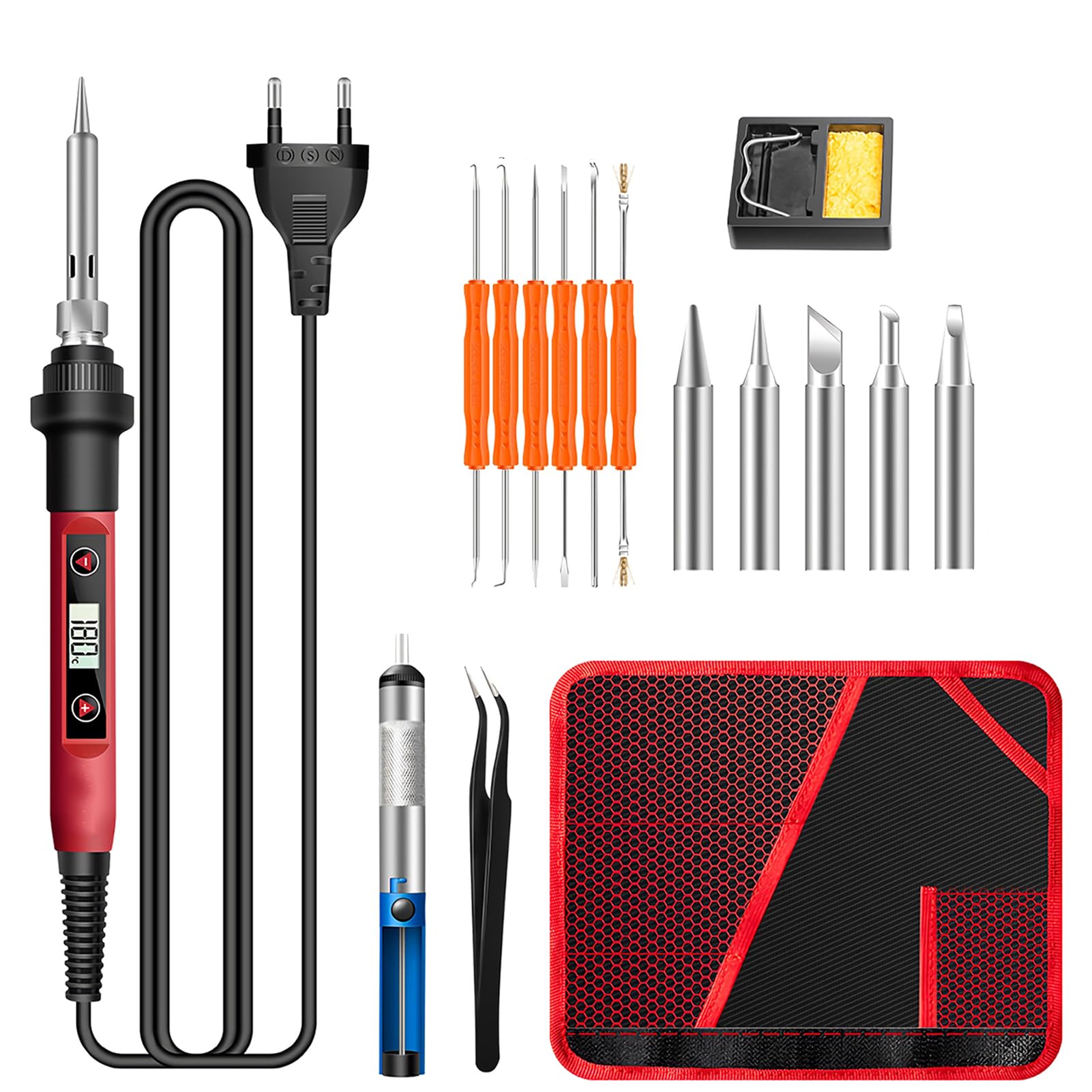 Serplex  Soldering Iron Kit Set 60 Watt 220V Soldering Machine Temperature Adjustable 17Pcs Soldering Iron Bit Set with LCD Display Electric Soldering Iron with Stand Holder Rolled Up Storage 5 Tips