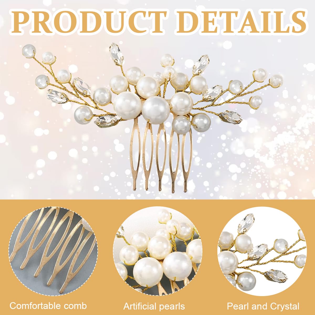 SANNIDHI Bride Pearl Hair Side Comb for Weddings with 4in Clip & 2.36in Pin | Gold Crystal Rhinestone Accessory for Women