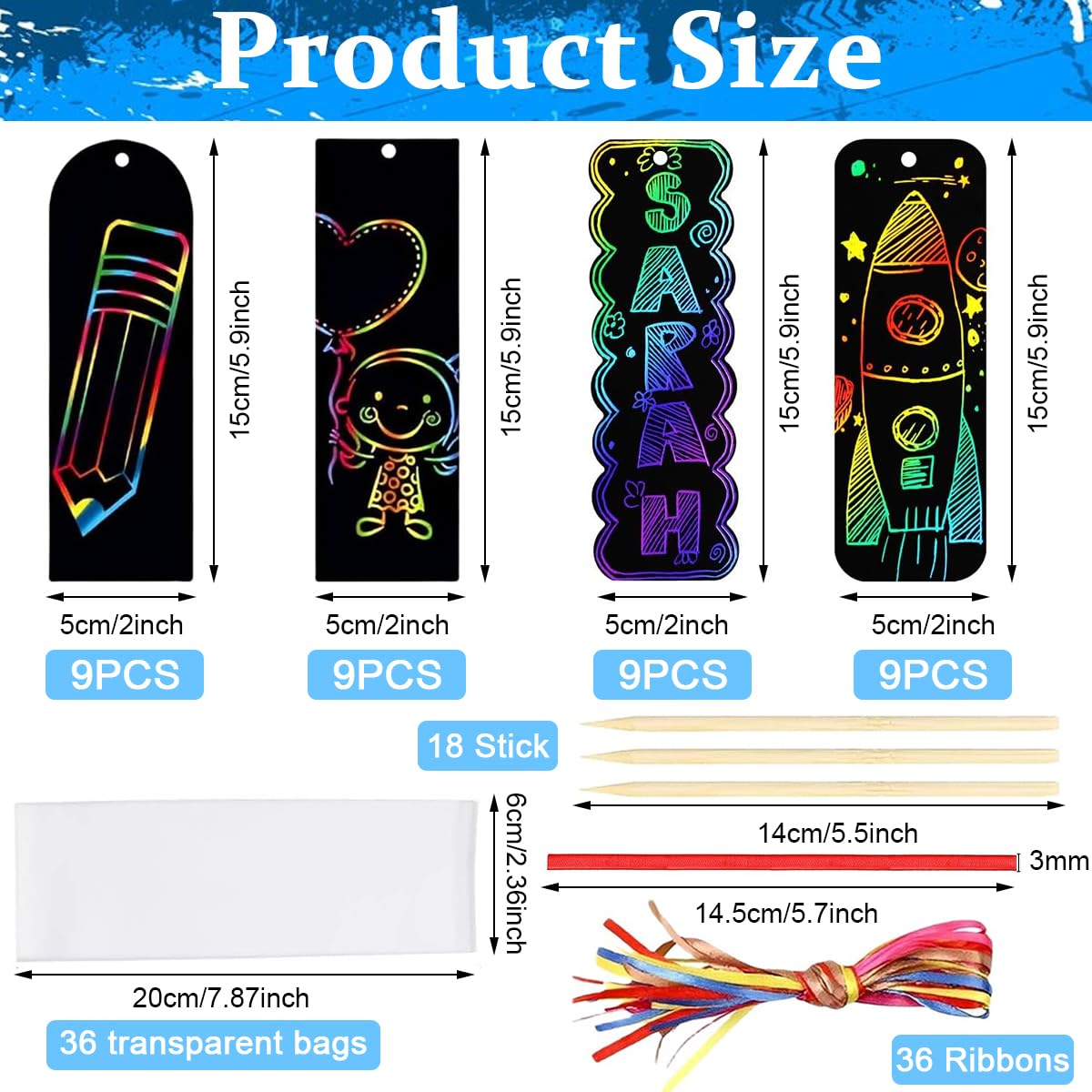 Climberty OFIFO Scratch Art Bookmarks Kit for Kids with 36 Pcs Rainbow Sheets and Wooden Sticks