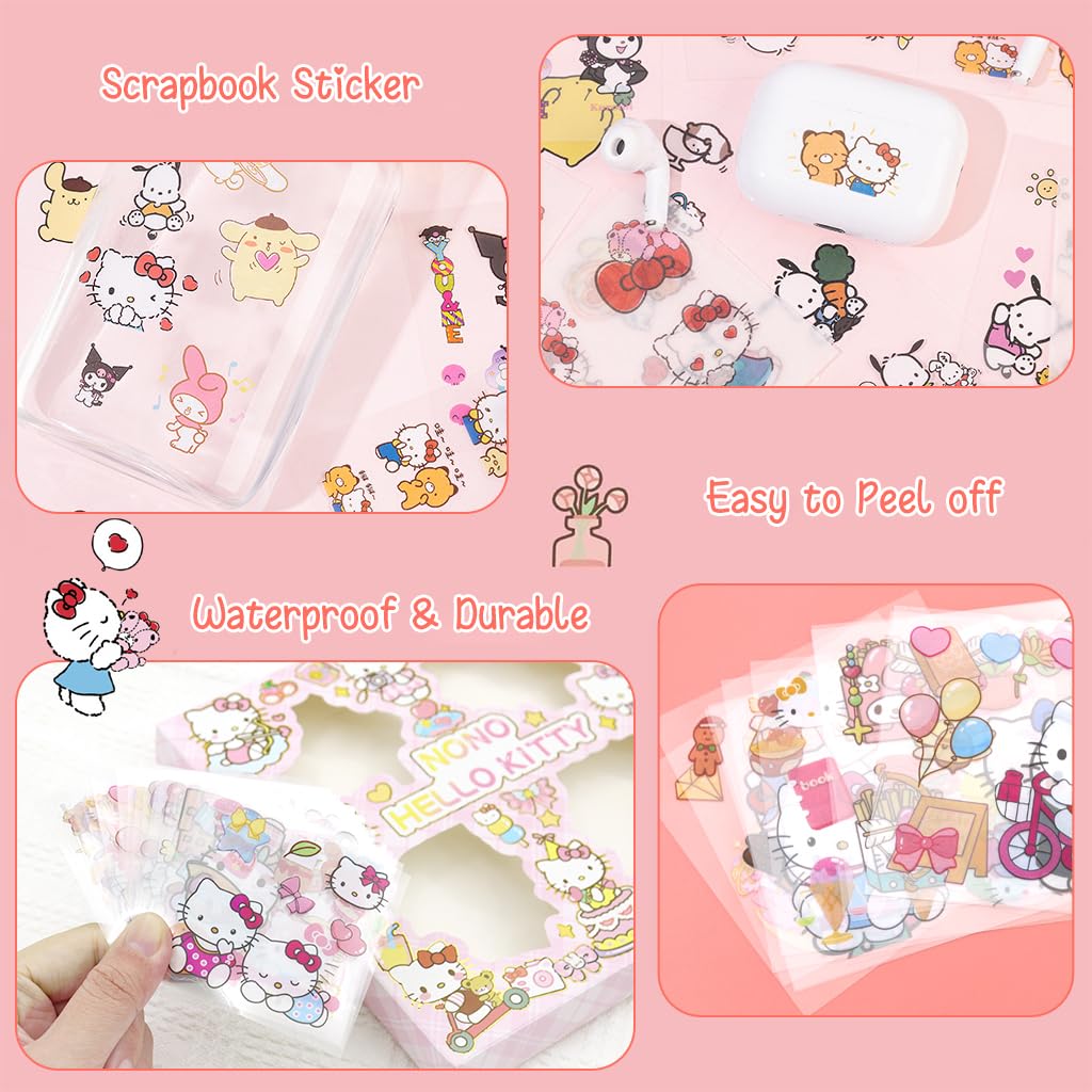 HASTHIP® 200Pcs Cute Cartoon Stickers PET Hello Kitty Sticker & Washi Stickers Set DIY Scrapbooking Kawaii Hello Kitty Stickers for Phone Case, Laptop Cover, Kids Water Bottle