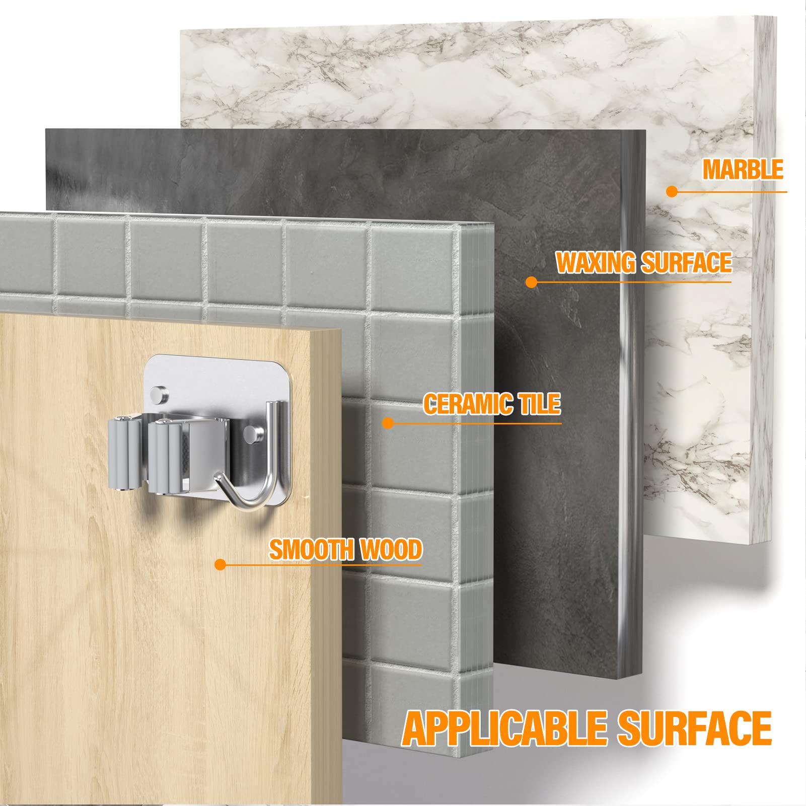 HASTHIP Broom Holder Wall Mounted for Bathroom and Kitchen with Adhesive Mount | 2 Pcs SUS304 Stainless Steel Mop Rack for Handles up to 2.8 cm