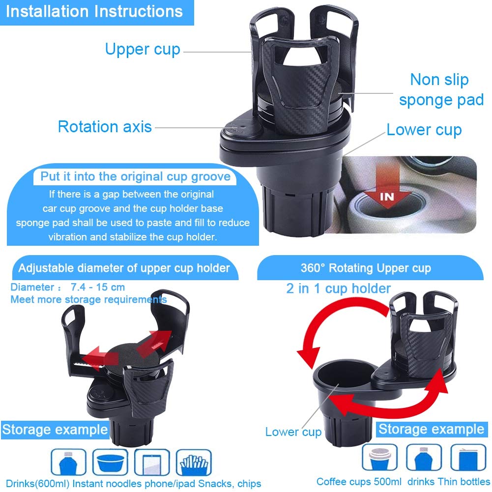 STHIRA Car Cup Holder Extender for Vehicles with 2 in 1 Rotatable Dual Holder Base | Fits 14oz–24oz Mugs