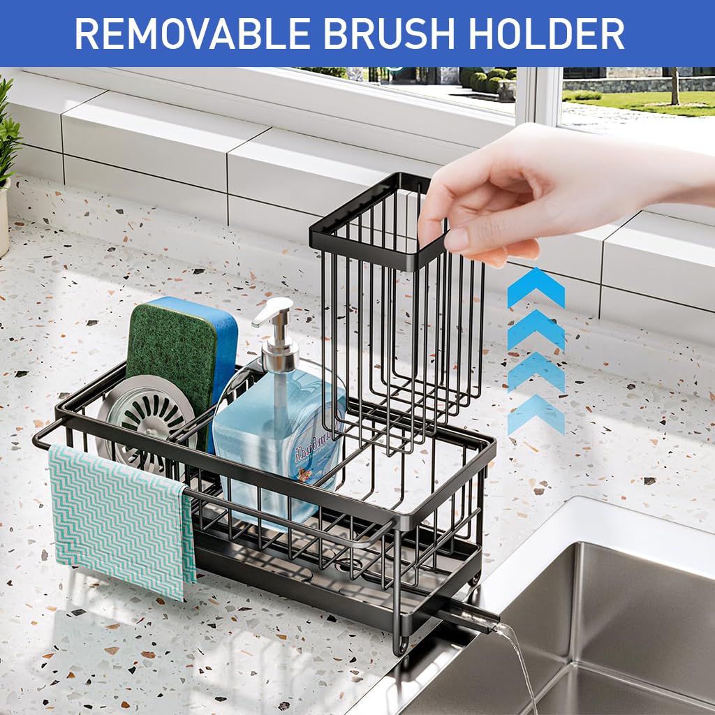 HASTHIP® Kitchen Sink Organizer - Sink Caddy with Brush Holder Self-draining Kitchen Sponge Caddy Organizer with Divider Stainless Steel Sink Accessories Storage for Countertop, Black 23x9x16cm