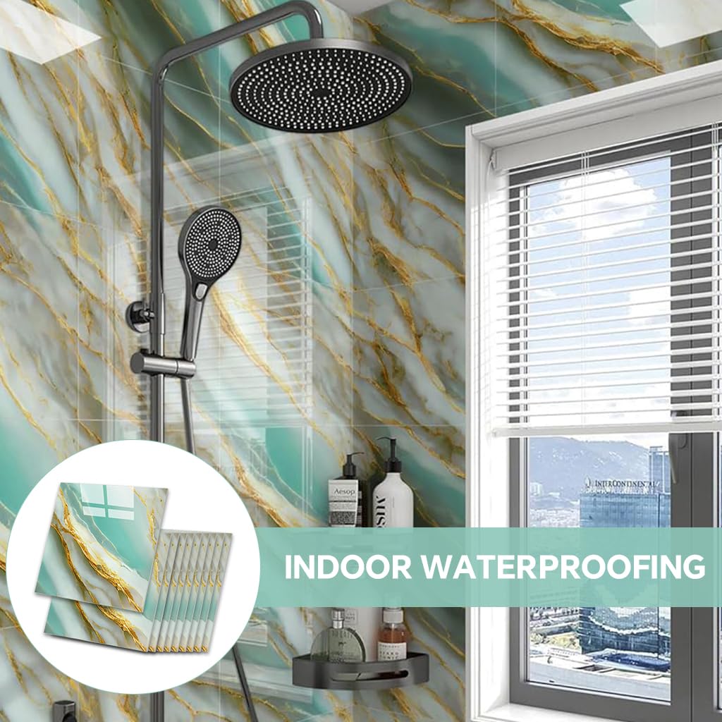 HASTHIP Wall Decorative Stickers for Home Decor with Tin Foil Adhesive Backing | 10 Pcs 11.8 in Square Marble Pattern Waterproof Tiles