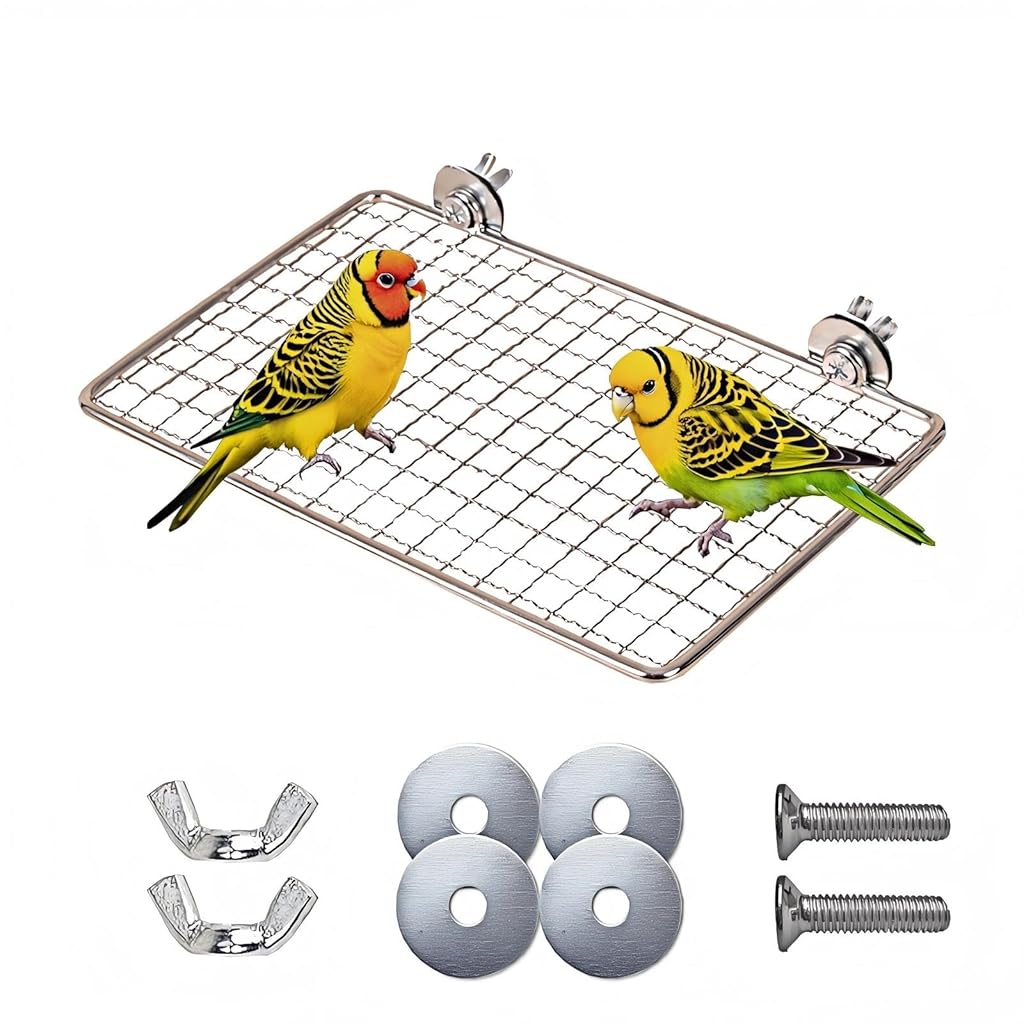 Qpets® Mesh Wire Bird Perch for Cage Stainless Steel Wire Metal Bird Standing Platform Flexible Screw Fixing Design, 20x15cm