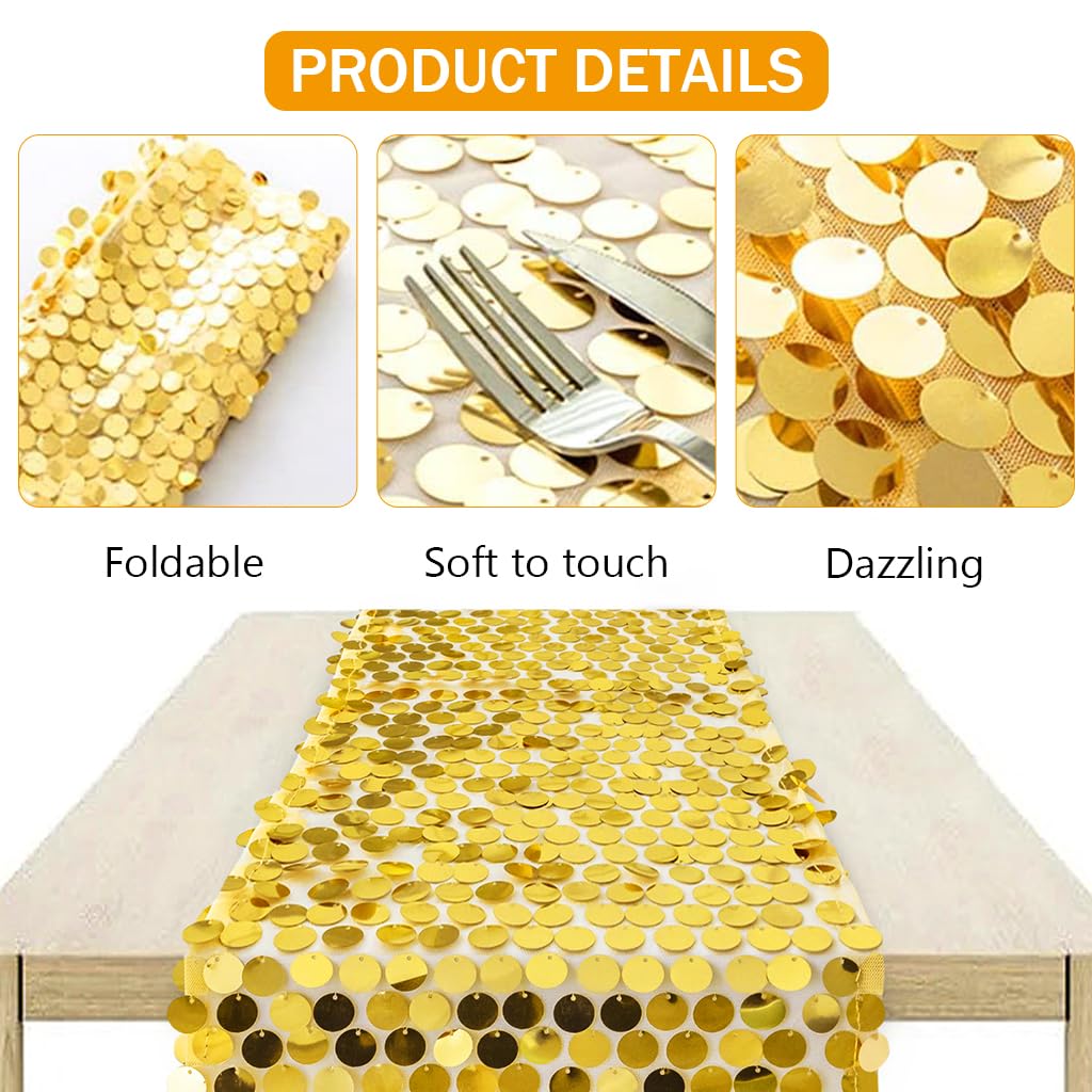 Supvox Gold Sequin Table Runner 12 x 108 in for Weddings and Parties | Polyester Glitter Decor