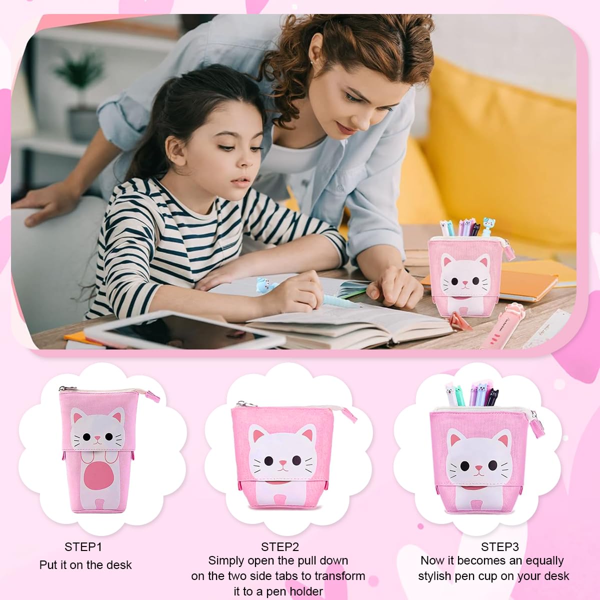 Climberty Cute Cat Stationery Set for Girls with Pop Up Pencil Case and DIY Stickers | Gift for Students