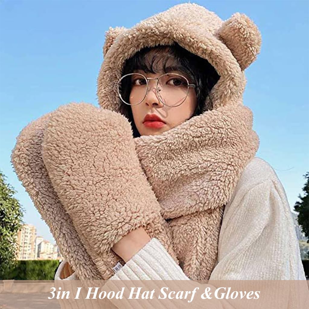 SANNIDHI Bear Ear Winter Cap for Women with Fleece Hood and Pocket Scarf | Cute 3 in 1 Hat