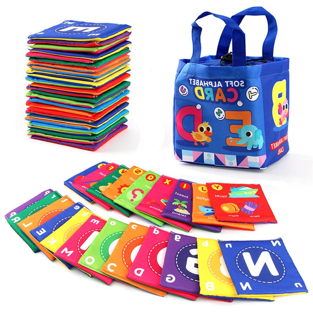 ELEPHANTBOAT® 26Pcs Washable Non-Toxic Double Side Soft English Alphabet Flash Cards Cloth Books Early Learning Bath Toys with Storage Bag for New Born Baby & 6-12 Months Toodler