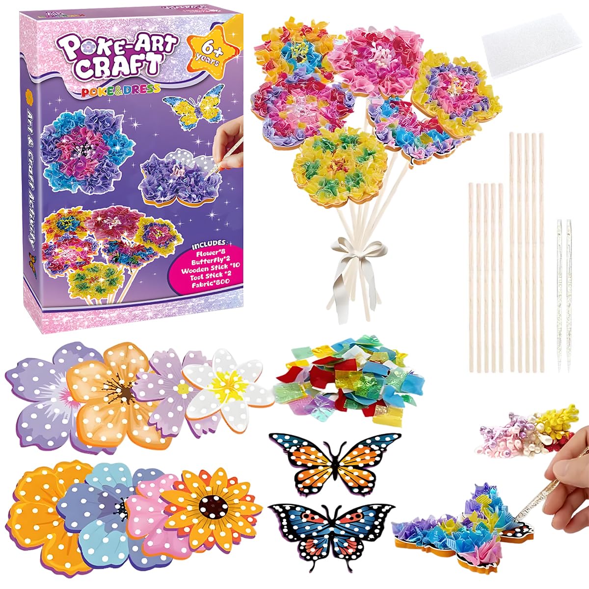 PATPAT Poke in Art Kit for Kids 6-12 with 800 pcs Fabric Squares and Sturdy Stems | Creative Flower Bouquet Craft Gift