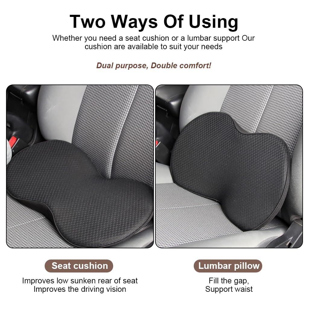 STHIRA Car Seat Cushion for Driving Comfort with Ergonomic Memory Foam and Lumbar Support Pillow | Breathable Black Cover