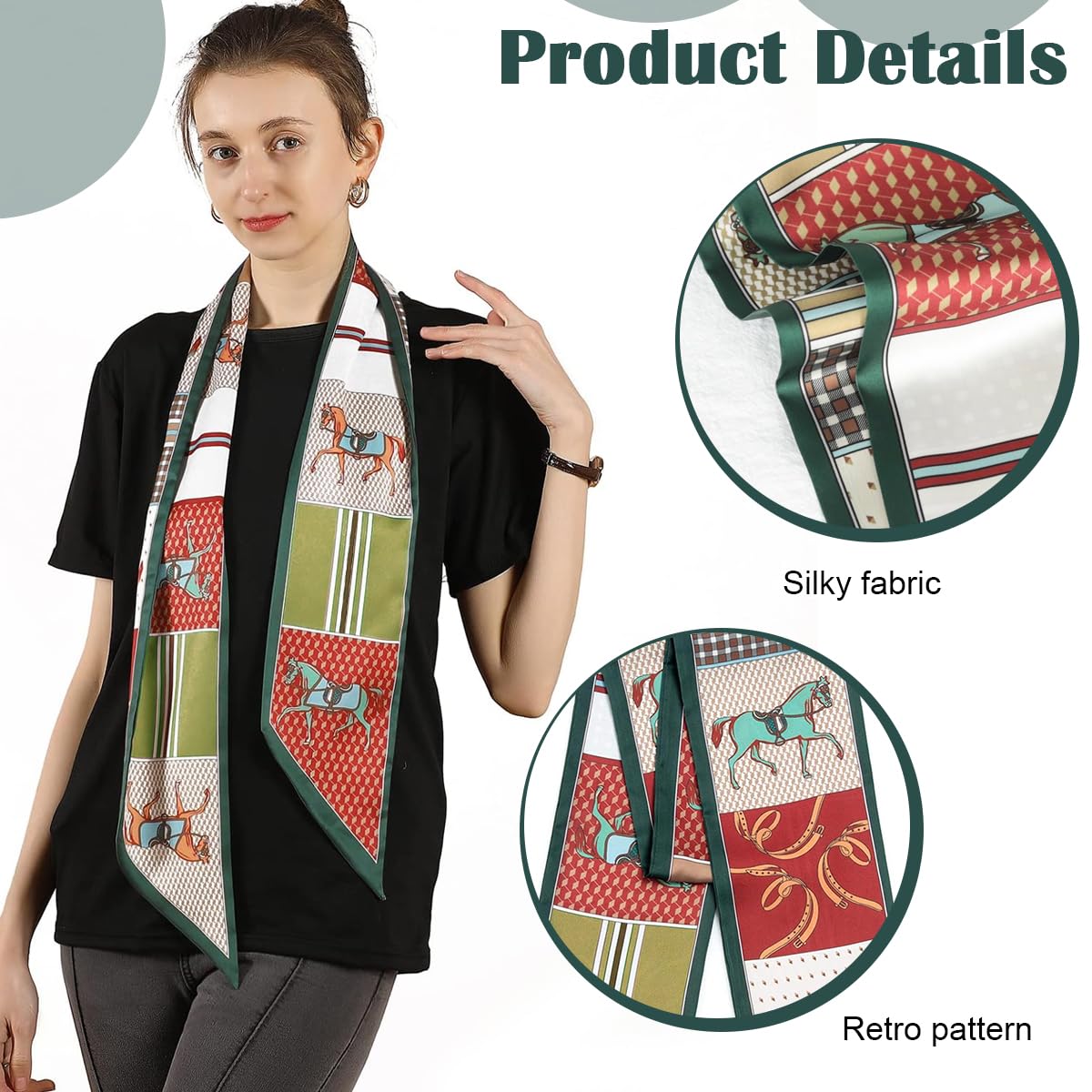 PALAY® Women’s Silk Scarf Combo – Floral & Horse Printed Long Narrow Satin Scarves for Suits, Blazers, Shirts, Bags, Hair, Gift, Neckerchief, 59