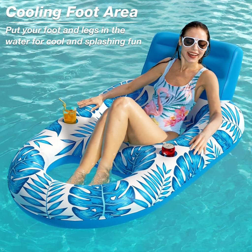 Proberos Inflatable Pool Lounger for Adults with Headrest and Cup Holder featuring PVC Frame 14x92x64cm | Foldable Pool Hammock Float