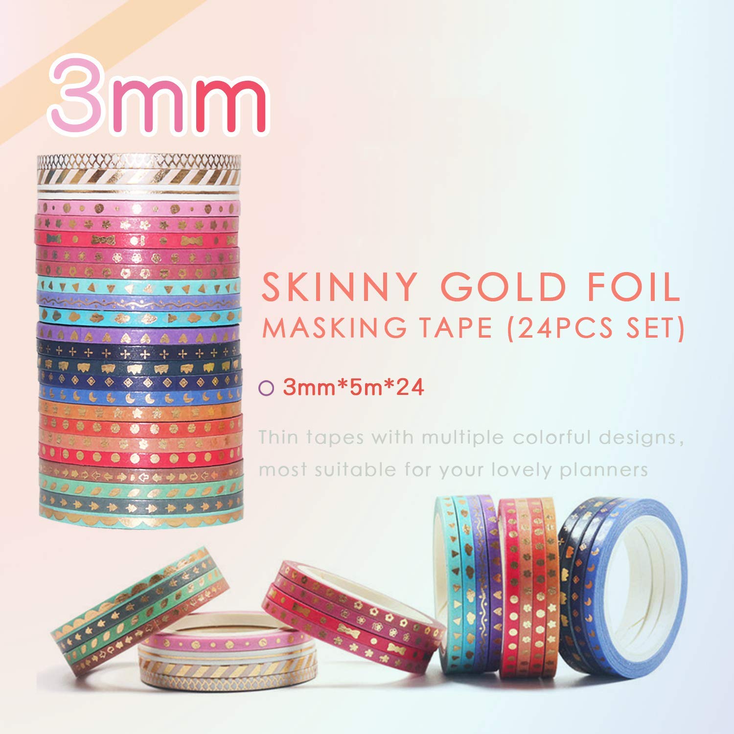 ELEPHANTBOAT Washi Tape for Scrapbooking and DIY Crafts featuring 24 Rolls 3mm x 5m | Soft Adhesive Paper