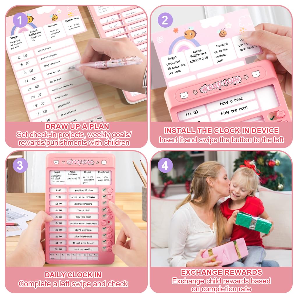 ZIBUYU Dry Erase Chore Chart Board for Kids and Teens with 15 Reusable Sheets featuring Slider Checklist | Dual Placement Options in Pink