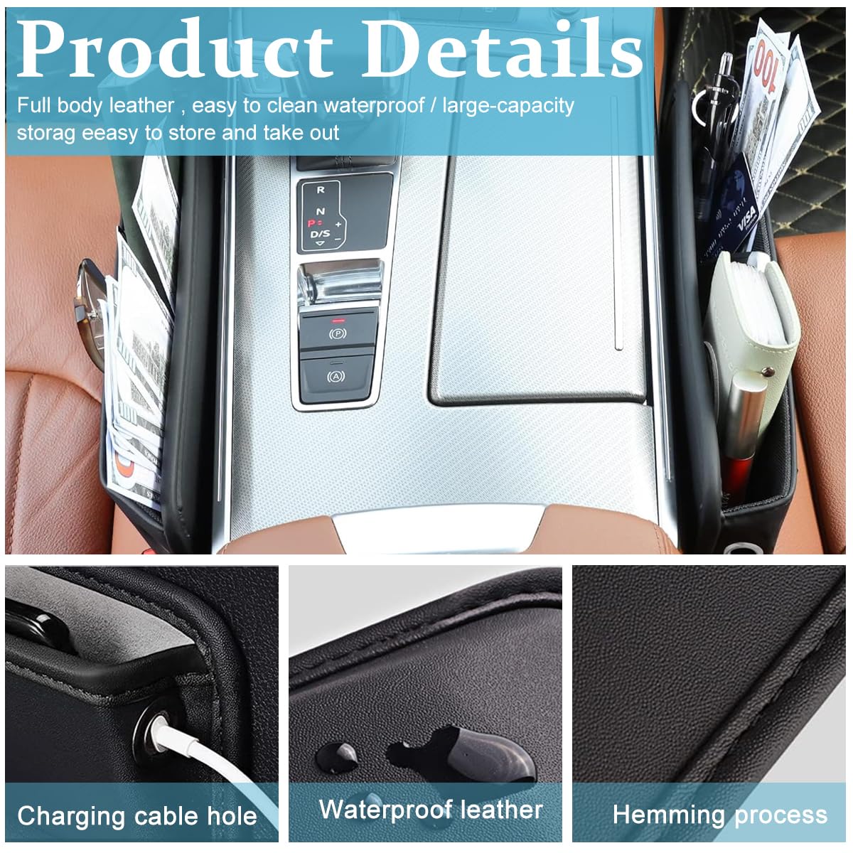 STHIRA Car Organizer Seat Pocket for Console Storage with PU Leather Black 2PCS | Fits Phones Keys and Glasses