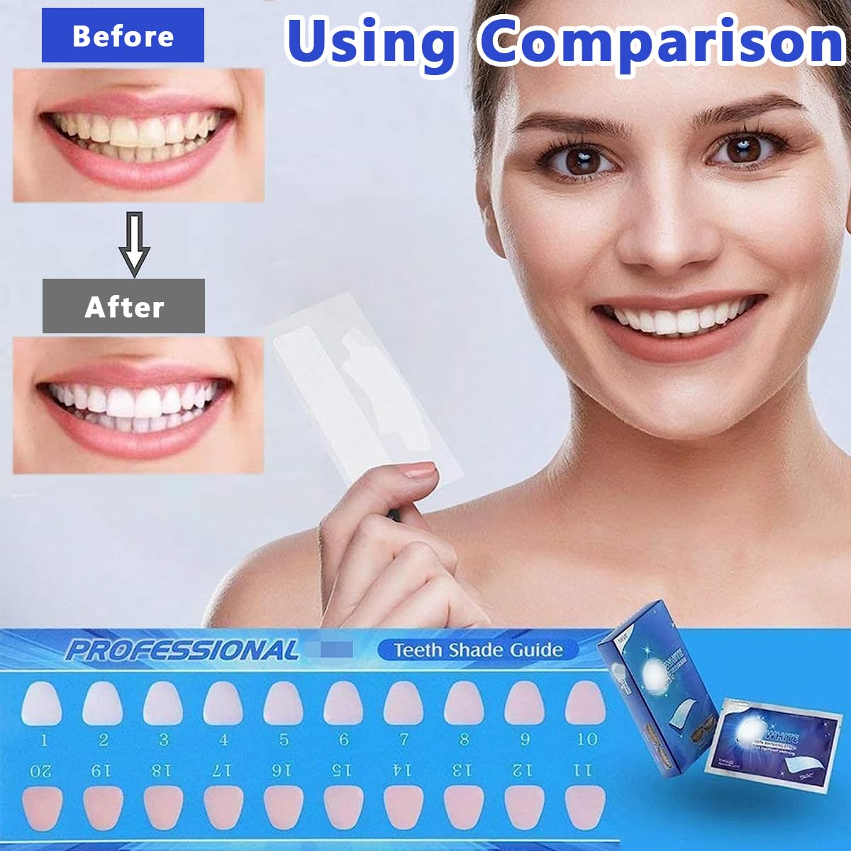 HANNEA® 14 Pairs Teeth Whitening Strip 5D Shimmer White Tooth Stickers with Teeth Shade Chart Professional Teeth Whitening Strip for Senstive Teeth Separate Package