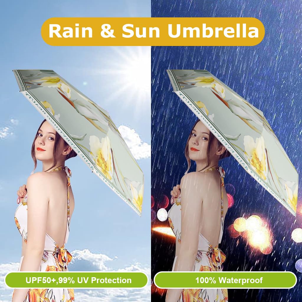 PALAY Women Sun Umbrella UPF 50+ for Travel with 6 Strong Ribs and Black Liner | Floral Foldable Design