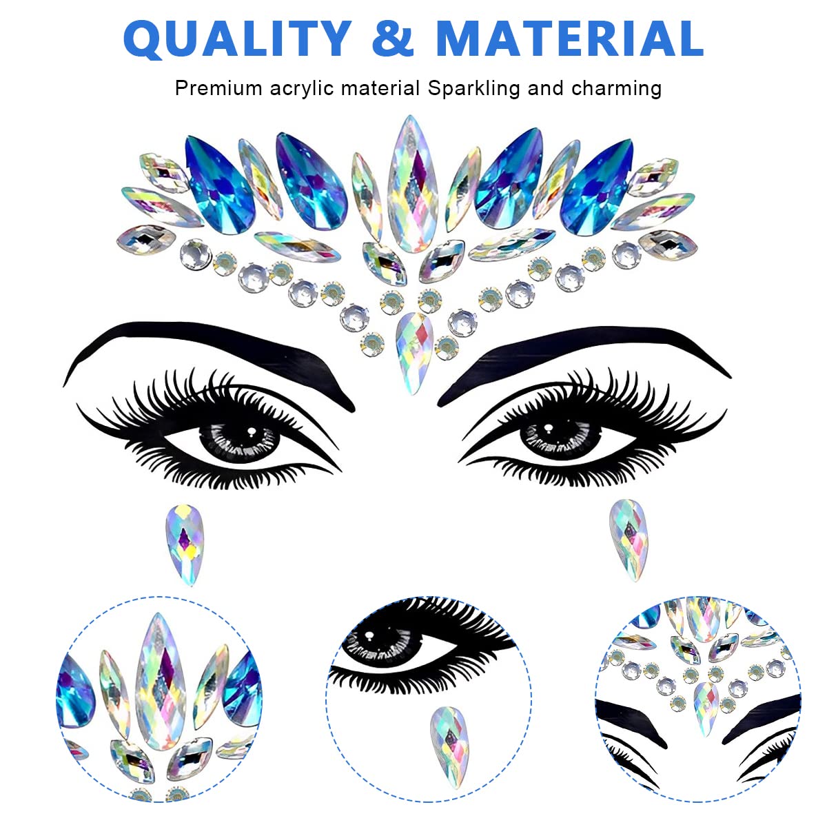 MAYCREATE Face Gems for Festival and Party Makeup featuring Self Adhesive Acrylic Rhinestones | Blue Crystal Face Stickers for Women and Girls